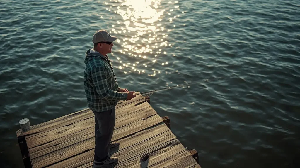 釣り人が手に持った偏光グラス越しに湖面を映した写真。偏光効果をイメージさせるカット。