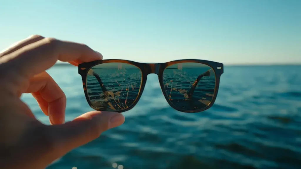 釣り人が手に持った偏光グラス越しに湖面を映した写真。偏光効果をイメージさせるカット。